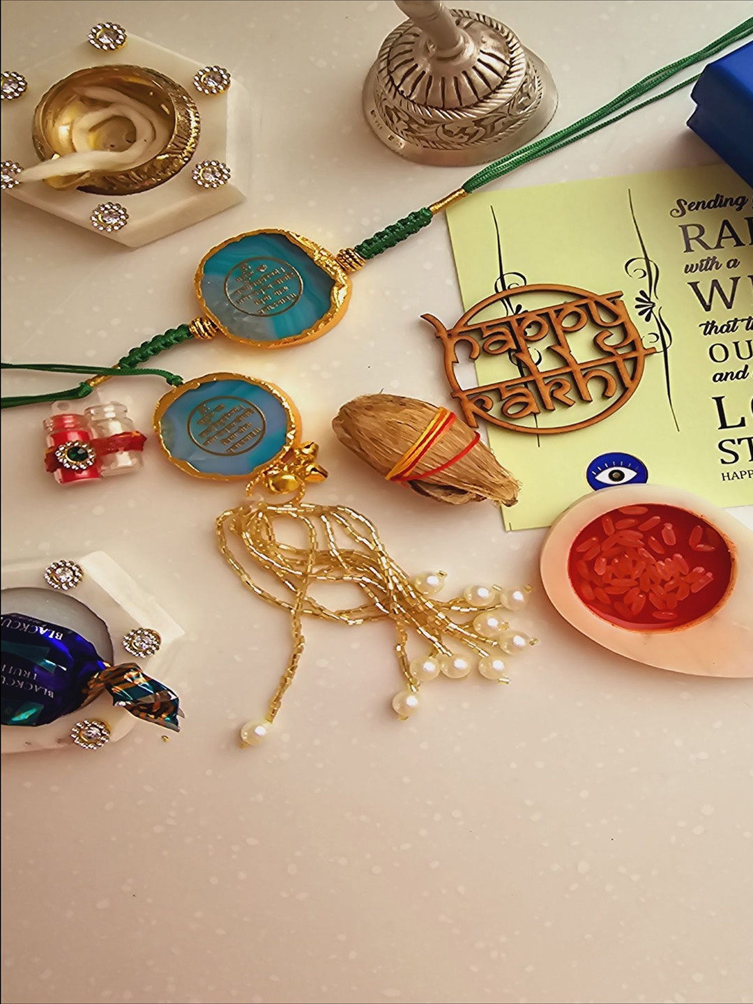 

HOMEARTE Bhaiya Bhabhi Rakhis with Roli chawal, Green