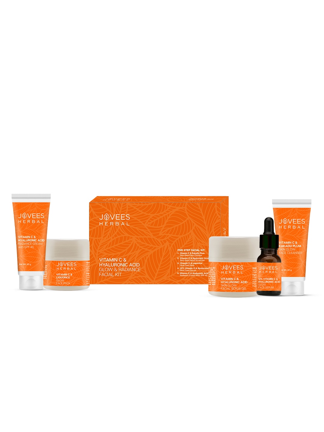 

Jovees Herbal Vitamic C & Hyaluronic Acid Glow & Radiance 5 Steps Facial Kit- 215g, White