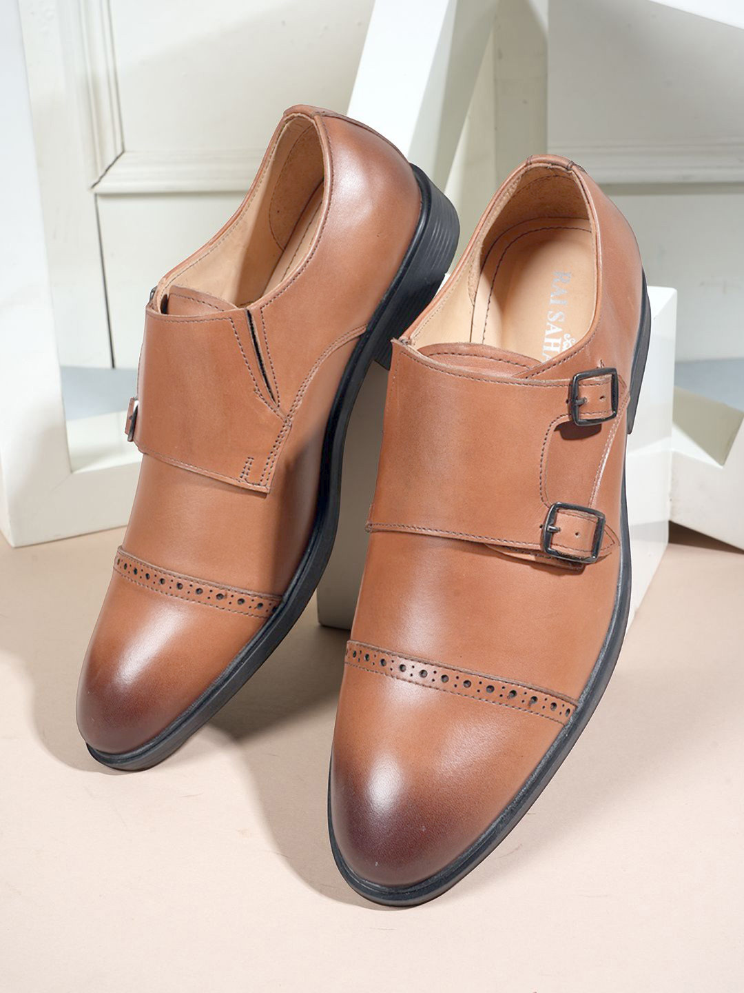 

Style Shoes Men Leather Formal Monk Shoes, Tan