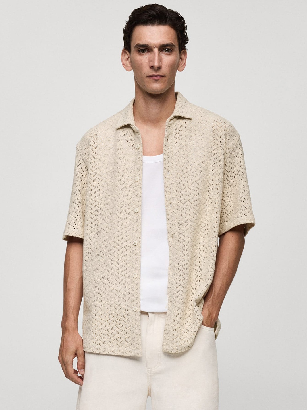 

MANGO MAN Pure Cotton Crochet Casual Shirt, Beige