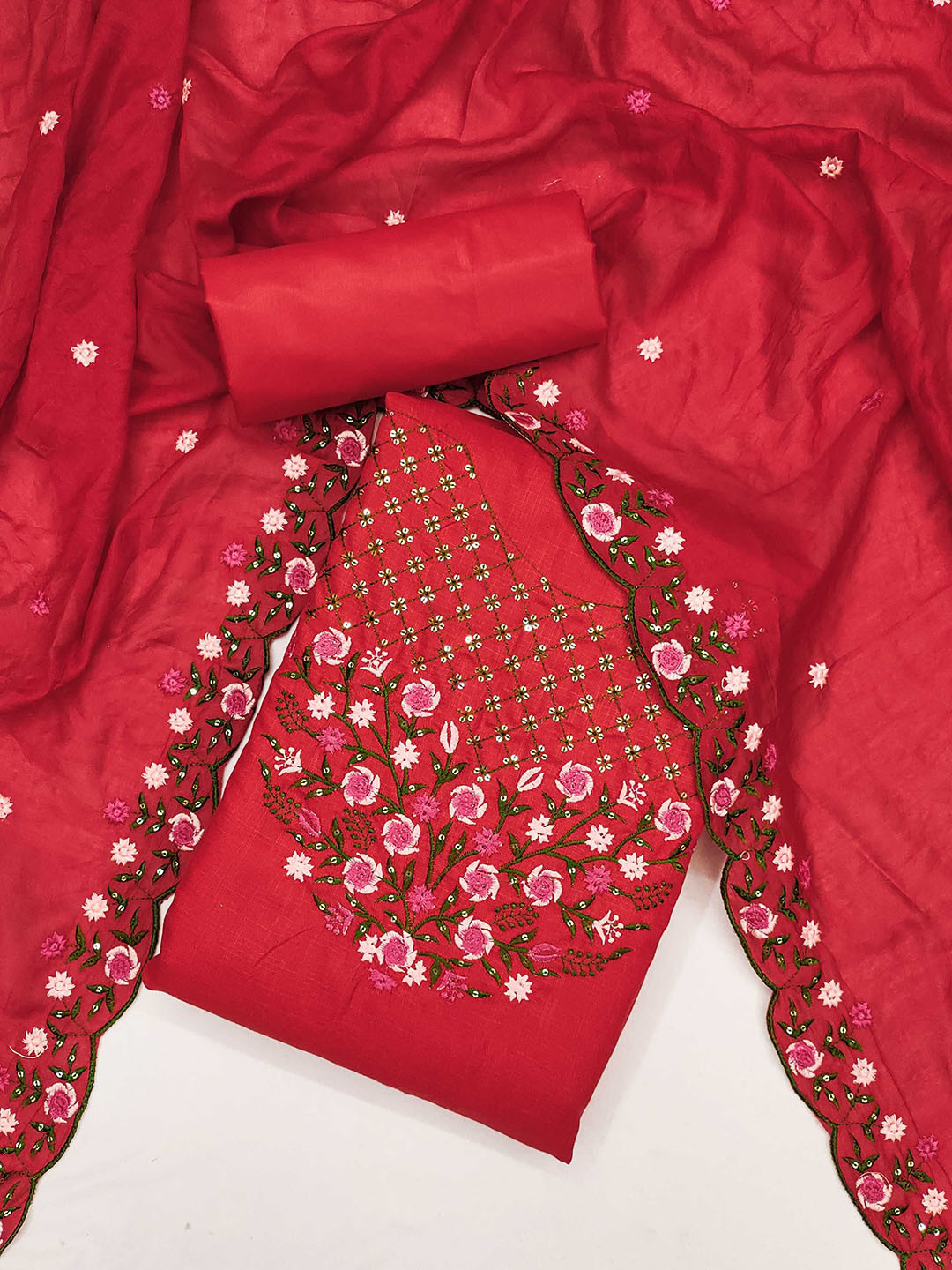 

Panzora Floral Embroidered Unstitched Dress Material, Red