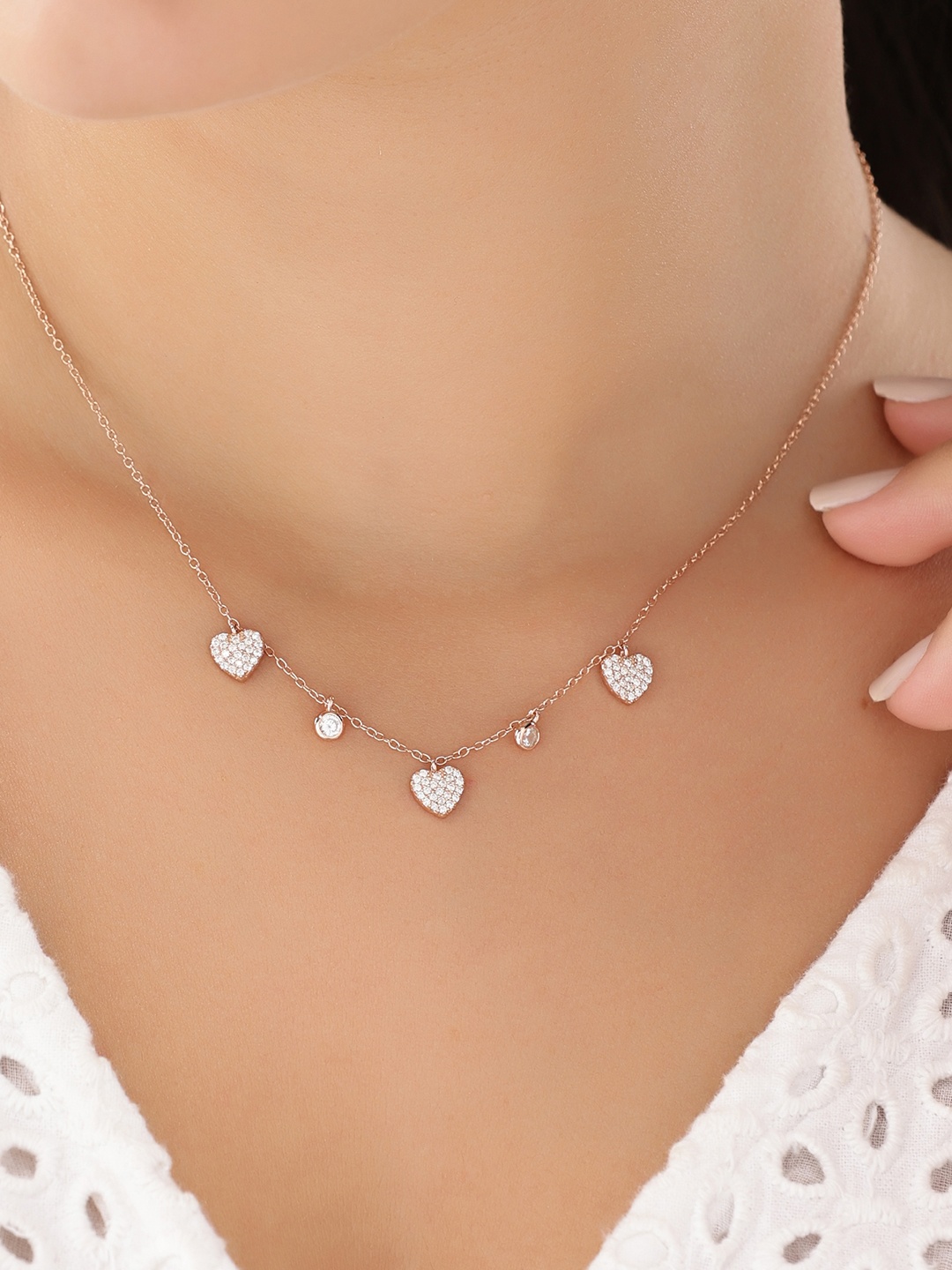 

JUPRA Silver Three Heart Studded Rose Gold 925 Sterling Silver Necklace