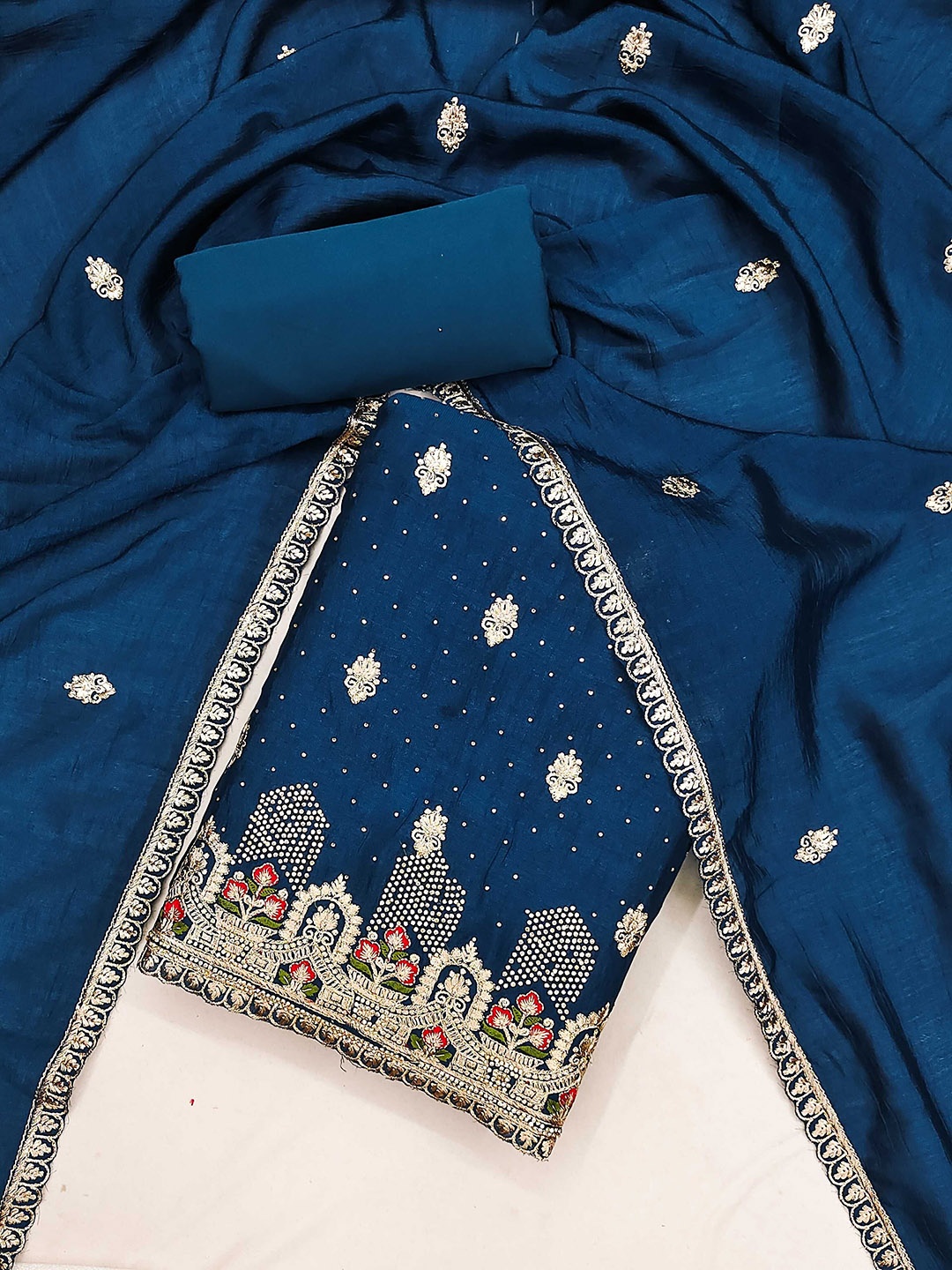 

Panzora Floral Sequinned Embroidered Unstitched Dress Material, Blue