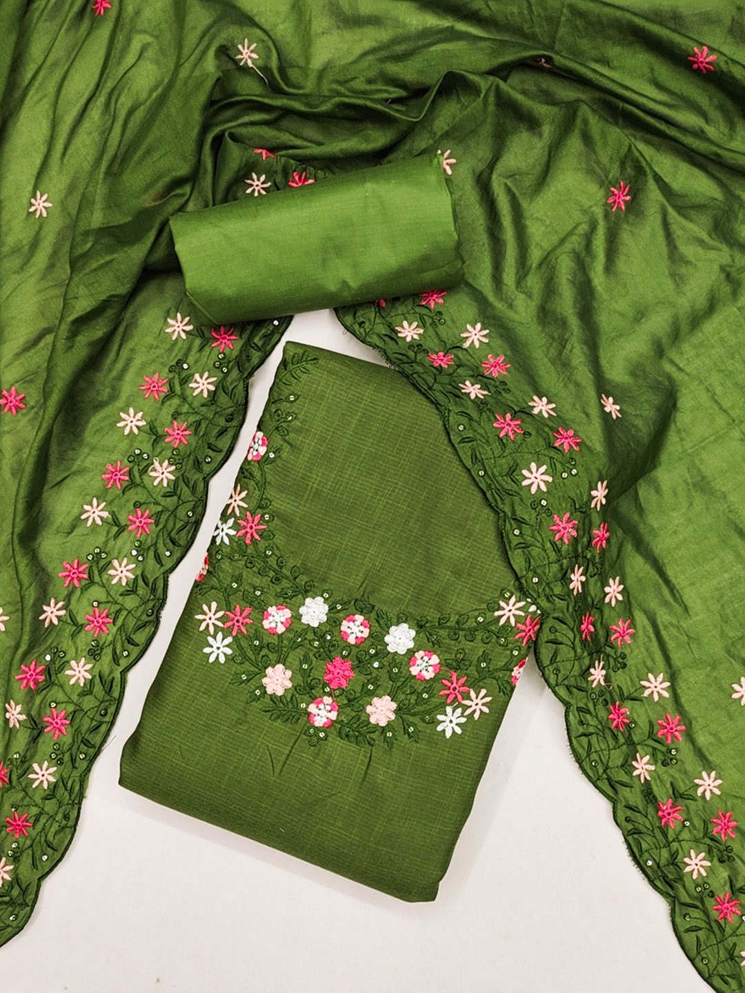 

Panzora Floral Embroidered Unstitched Dress Material, Green