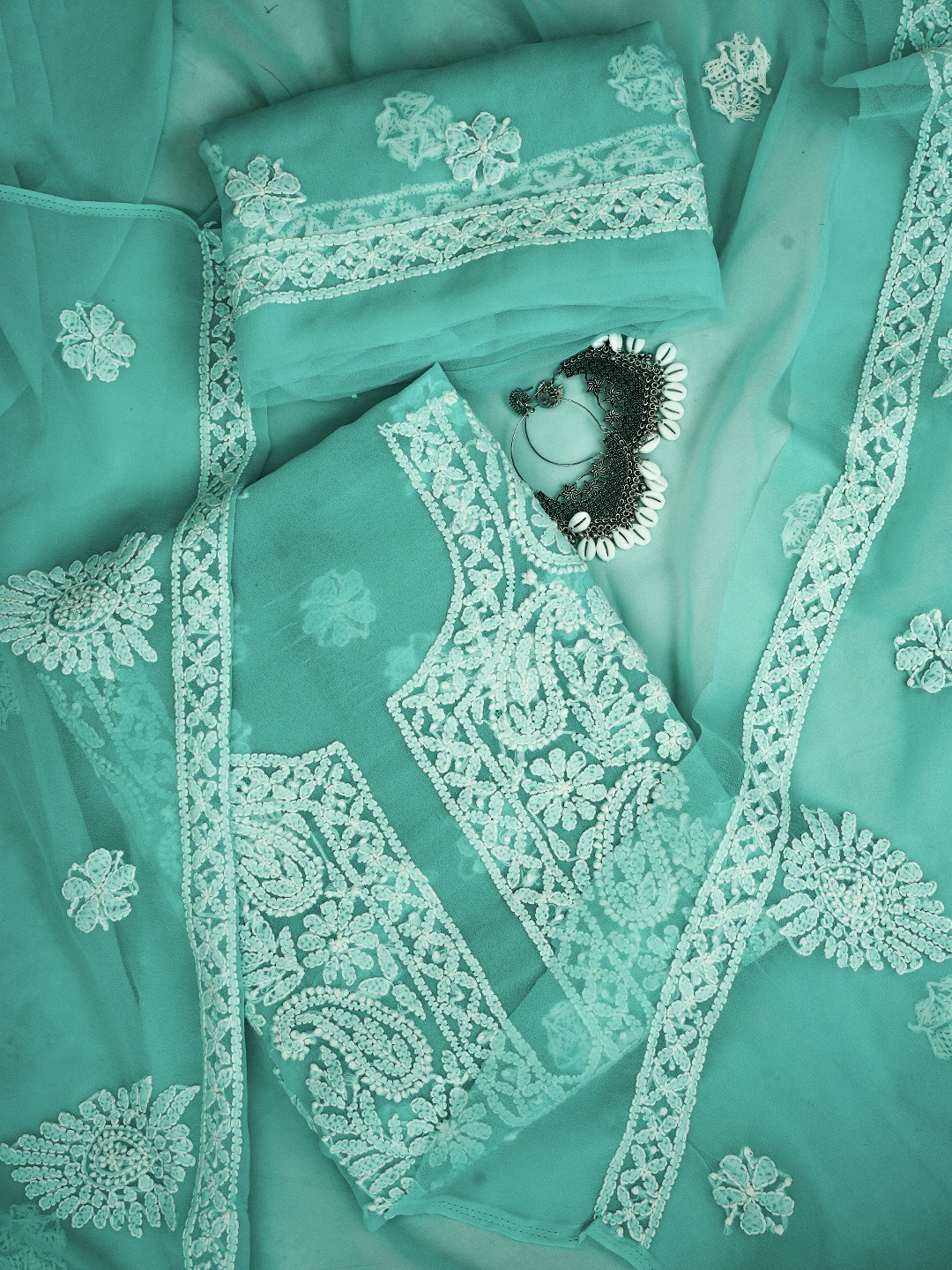 

ADA Ethnic Motifs Embroidered Lucknowi Chikankari Unstitched Dress Material, Sea green