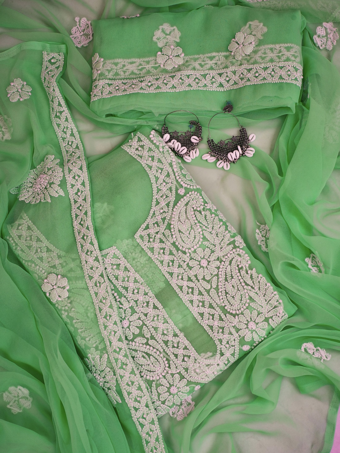 

ADA Ethnic Motifs Embroidered Lucknowi Chikankari Unstitched Dress Material, Green