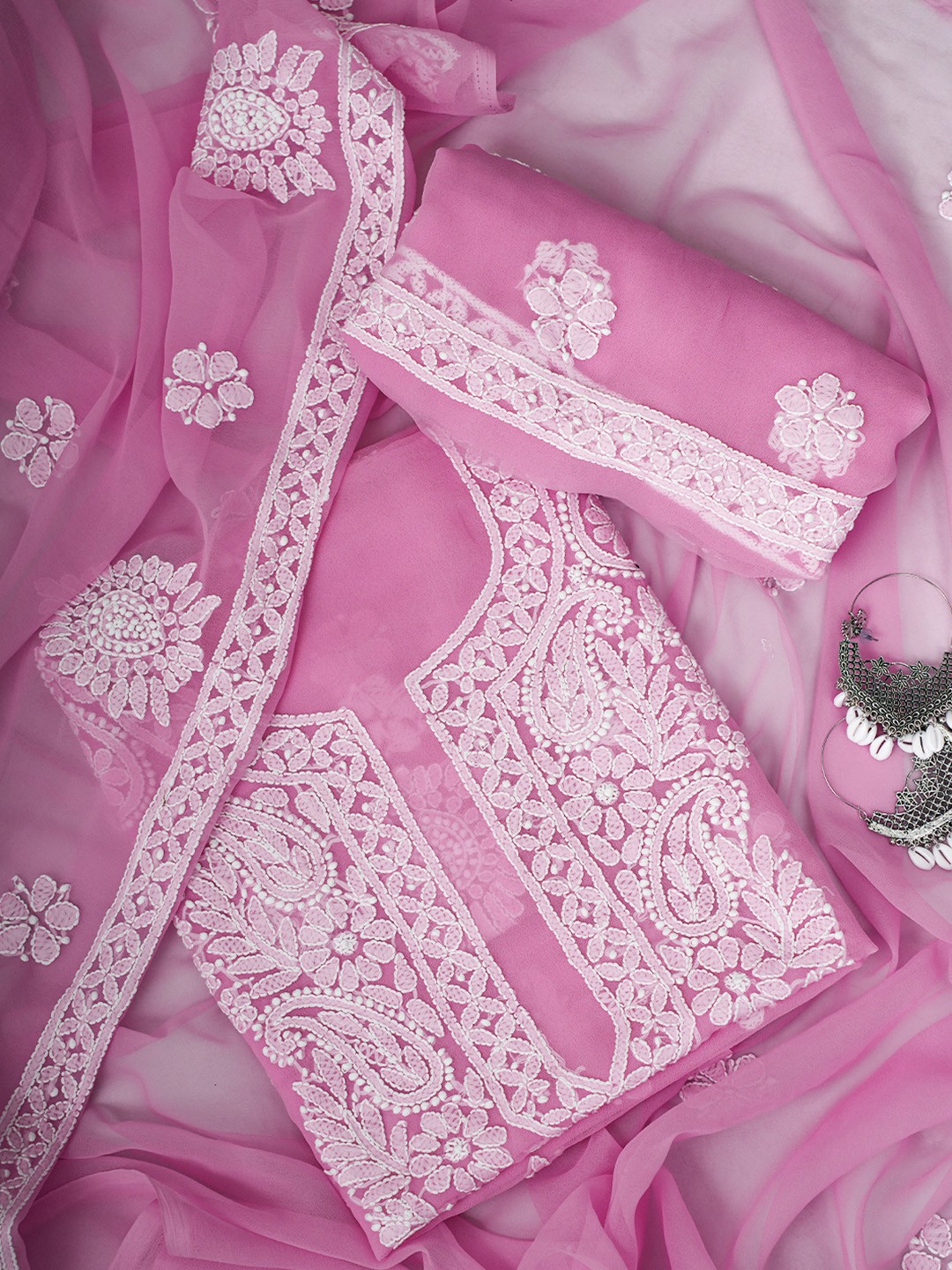 

ADA Ethnic Motifs Embroidered Lucknowi Chikankari Unstitched Dress Material, Pink