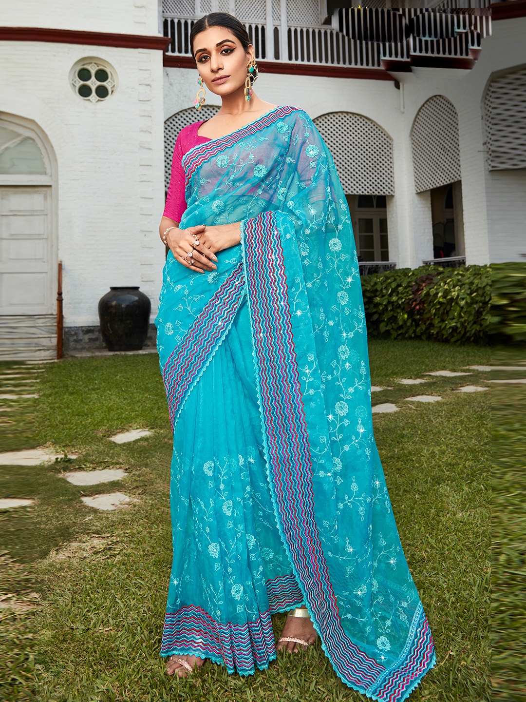 

ALAGINI Ethnic Motifs Embroidered Sequinned Saree, Turquoise blue