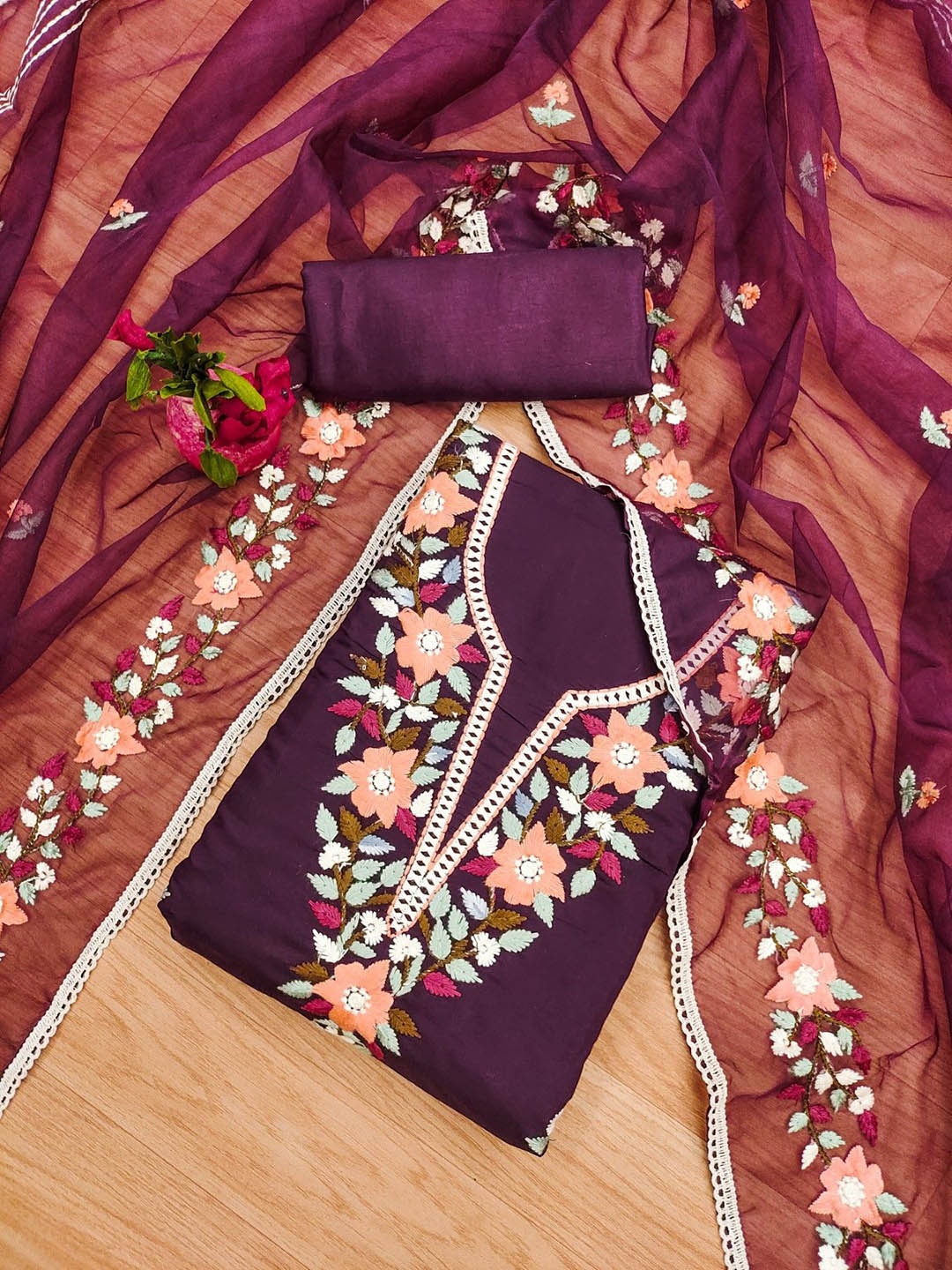 

Panzora Floral Embroidered Unstitched Dress Material, Purple