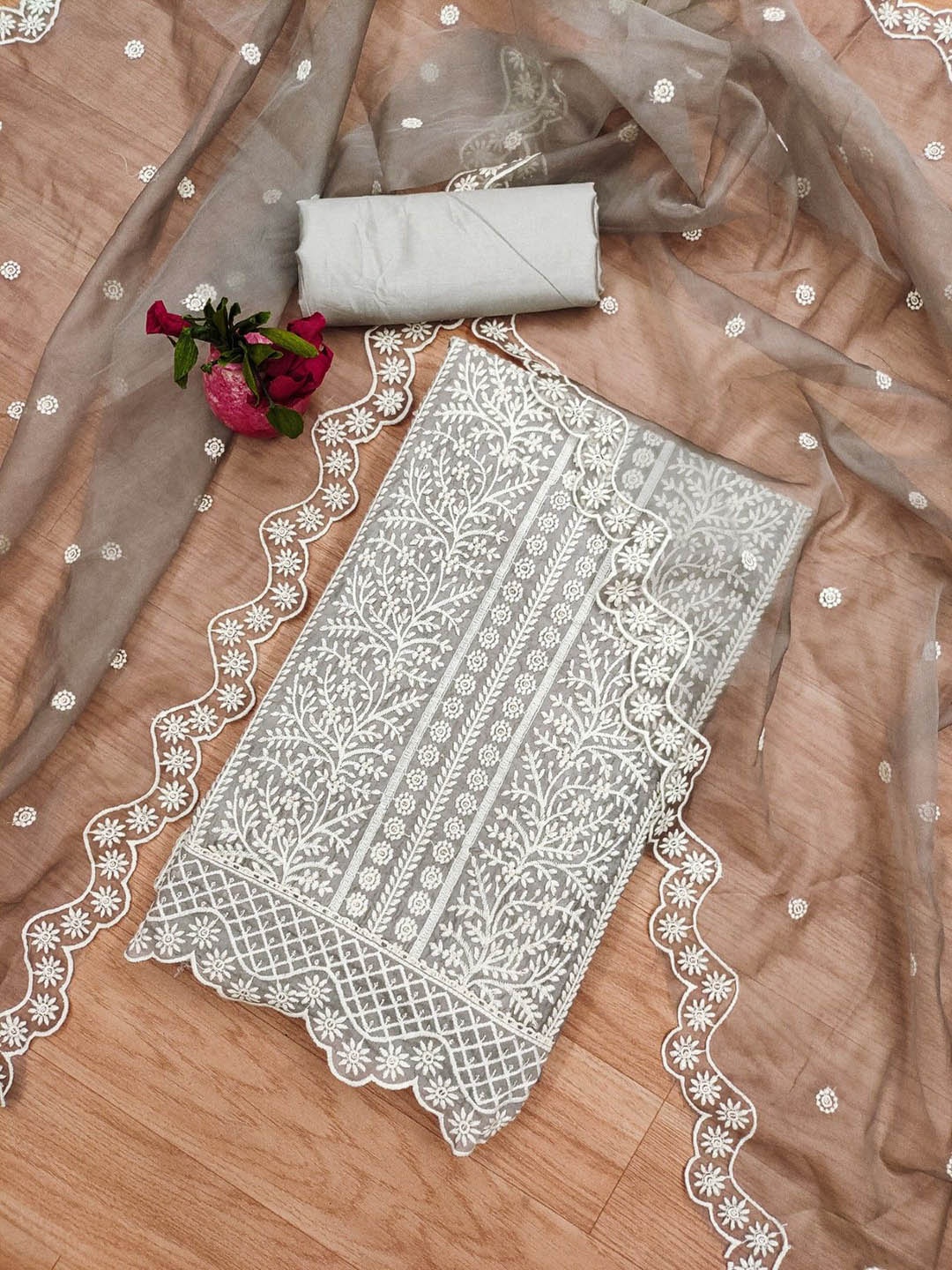 

Panzora Floral Embroidered Unstitched Dress Material, Grey