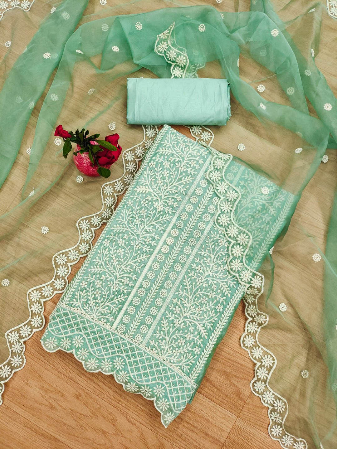 

Panzora Floral Embroidered Unstitched Dress Material, Green