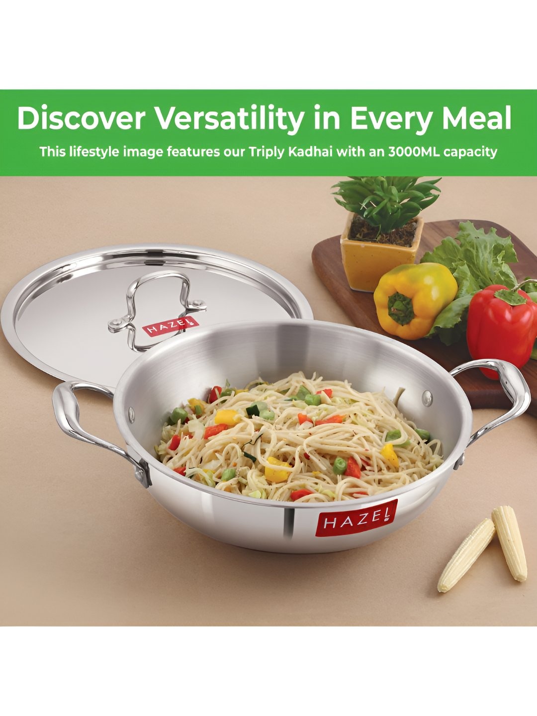

HAZEL Silver Toned Stainless Steel Kadai With Lid