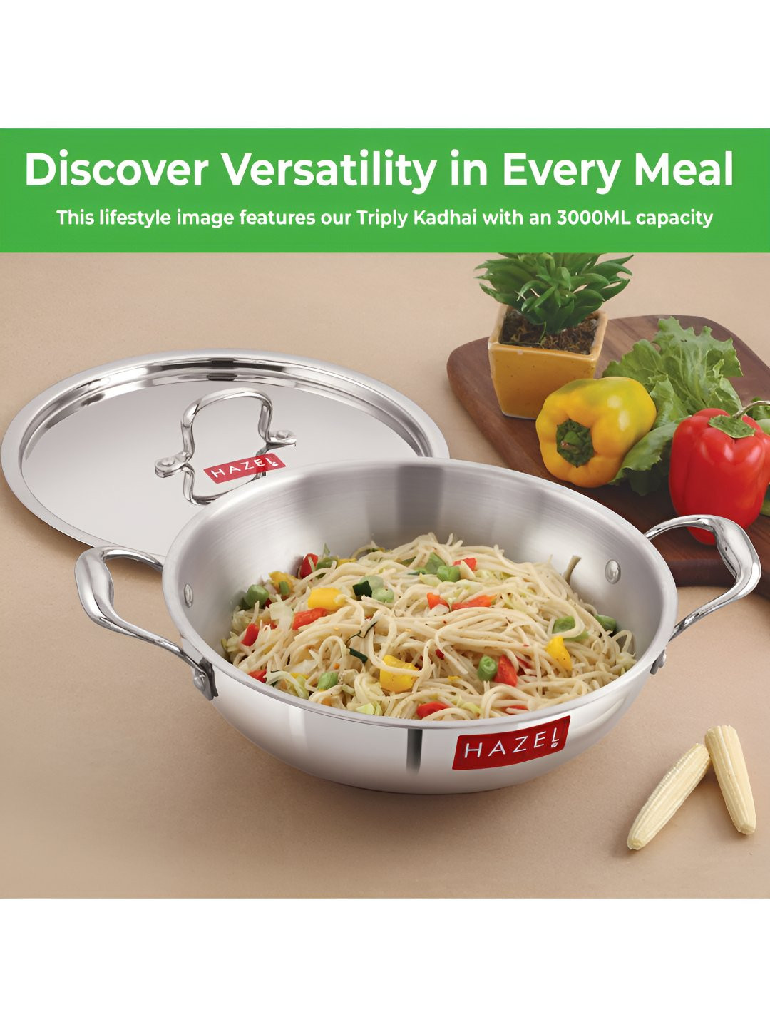 

HAZEL Silver Toned Steel Kadhai With Lid- 4 Litres