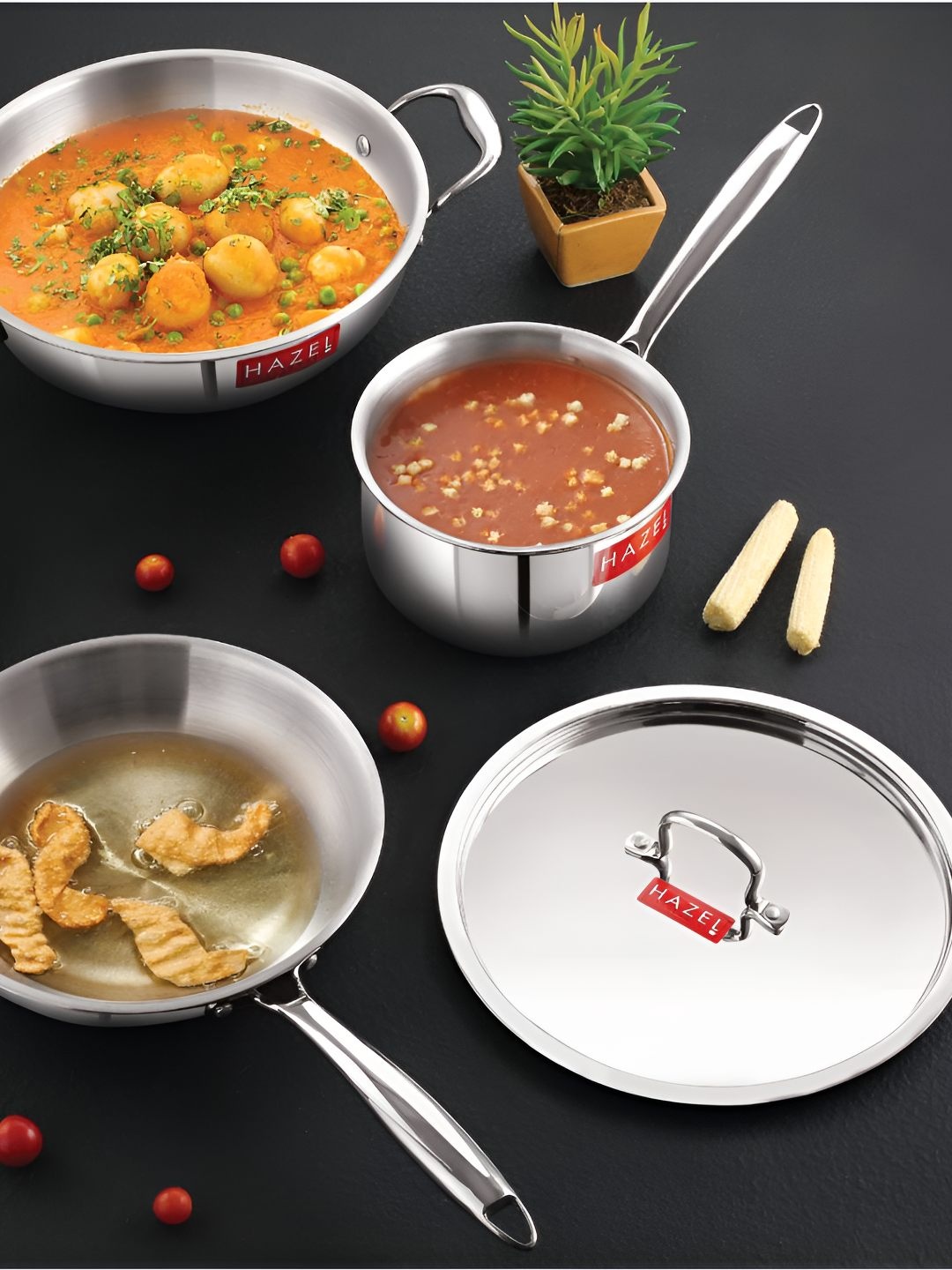 

HAZEL Triply Silver Toned 3 Pieces Stainless Steel Induction Bottom Pans & Kadhai With Lid