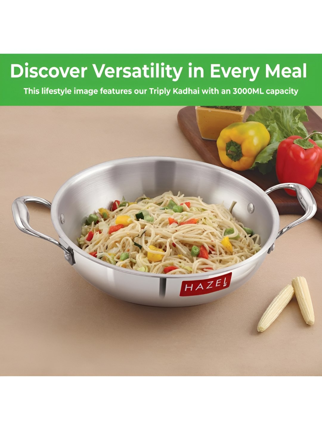 

HAZEL Silver Toned Stainless Steel Kadai With Lid 5 L