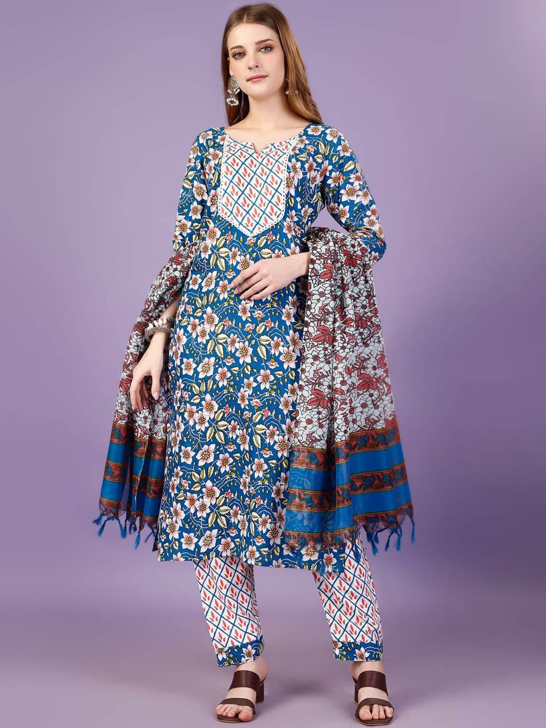 

Suha Floral Printed Notch Neck Straight Kurta & Palazzos With Dupatta, White