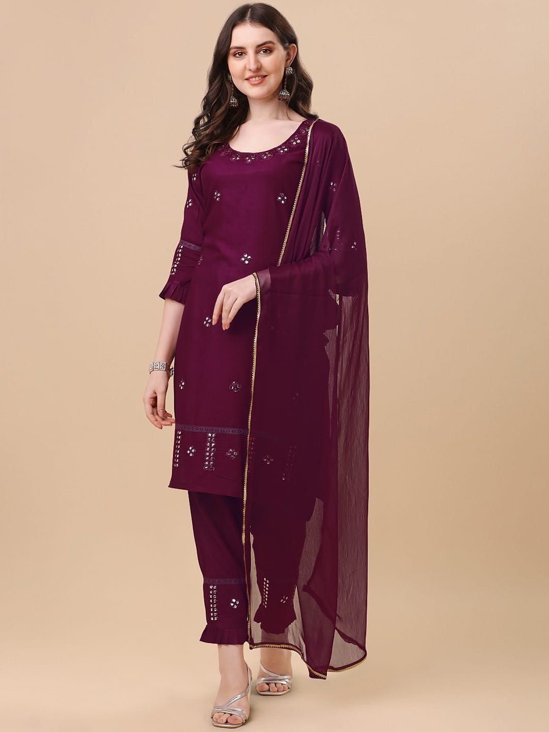 

Suha Floral Embroidered Mirror Work Straight Kurta With Palazzos & Dupatta, Maroon