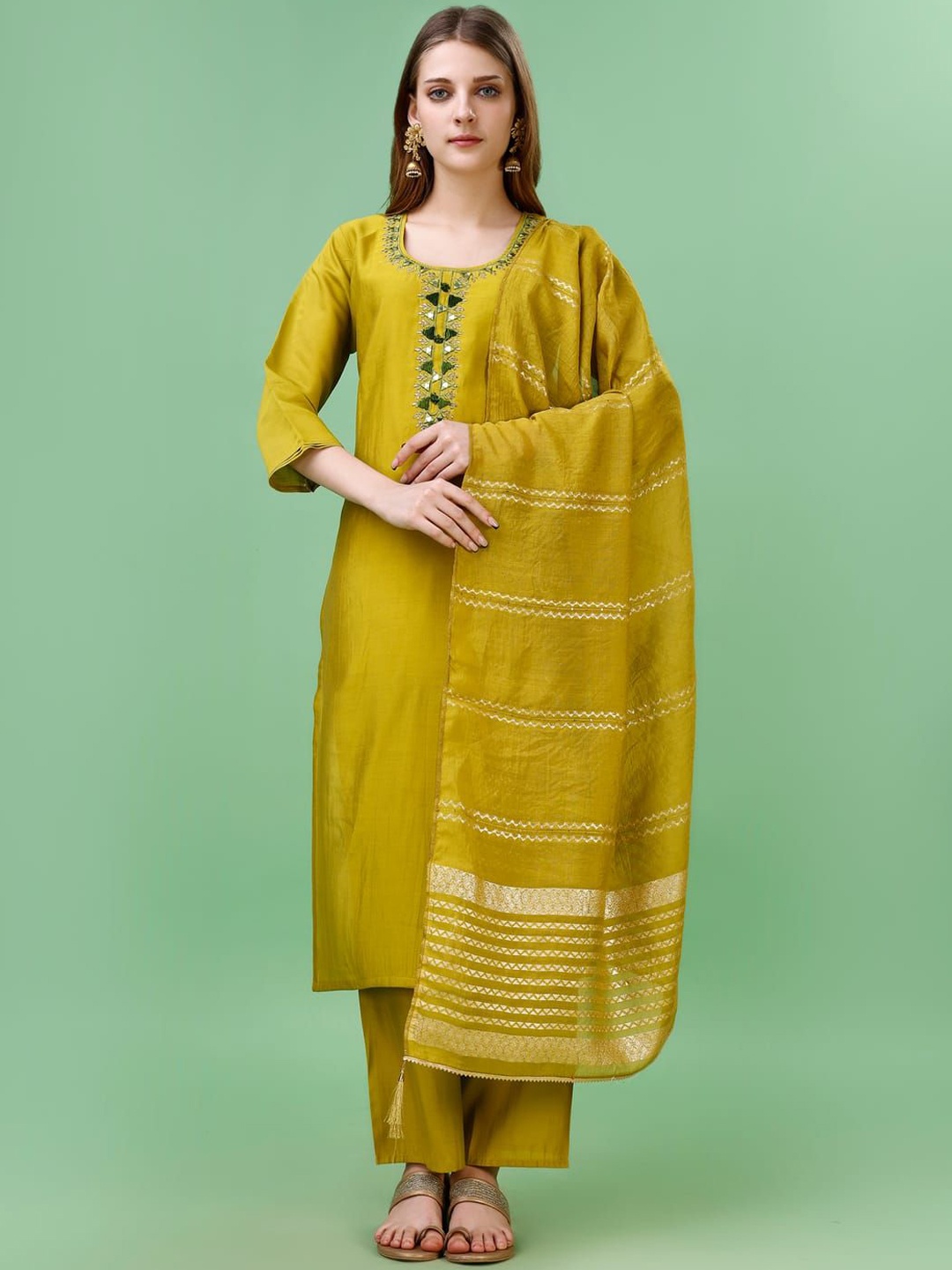 

Suha Geometric Yoke Design Mirror Work Chanderi Cotton Kurta with Trousers & Dupatta, Gold