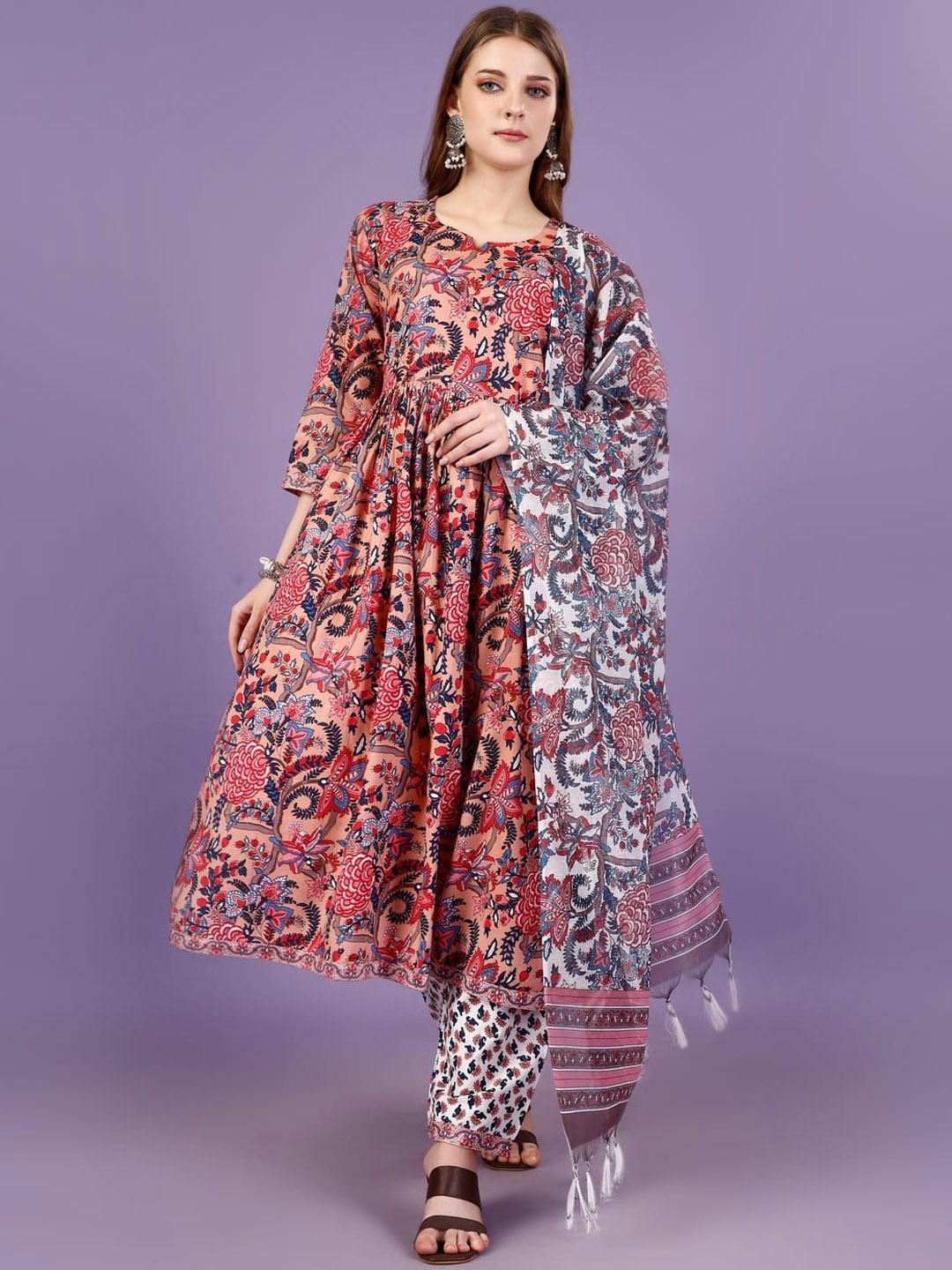 

Suha Floral Printed Round Neck A Line Kurta & Palazzos With Dupatta, Red