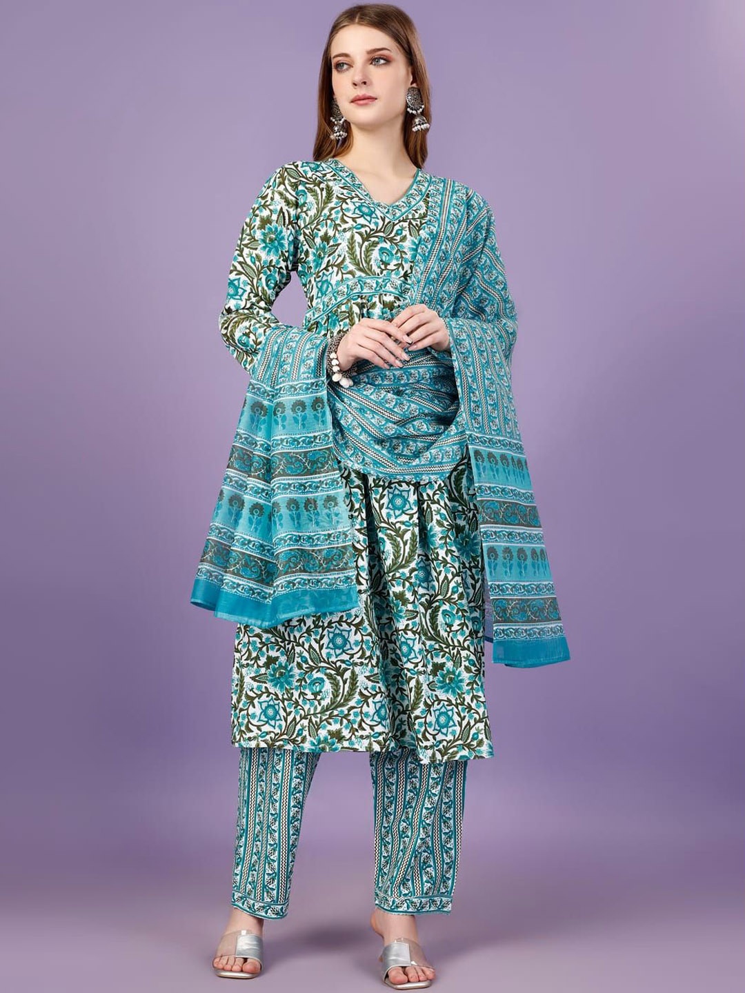 

Suha Floral Printed V Neck A-Line Kurta & Palazzos With Dupatta, Blue