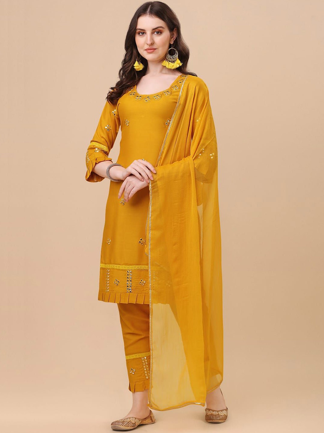 

Suha Floral Embroidered Mirror Work Straight Kurta With Palazzos & Dupatta, Yellow