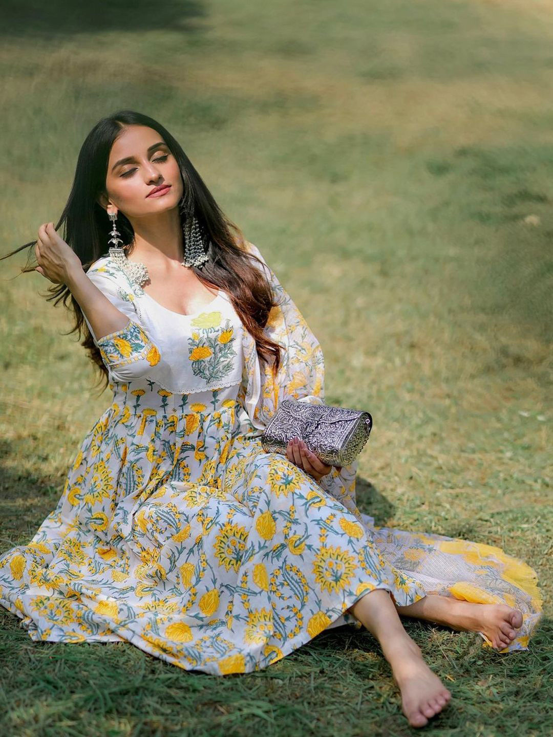 

1 Stop Fashion Floral Printed Lace Detail Anarkali Kurta With Trousers & Dupatta, Yellow