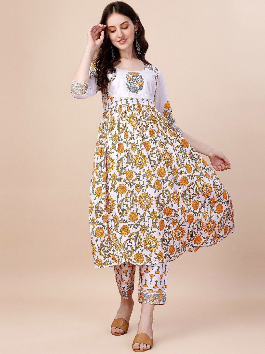

7Threads Floral Printed Anarkali Kurta with Trousers & Dupatta, White