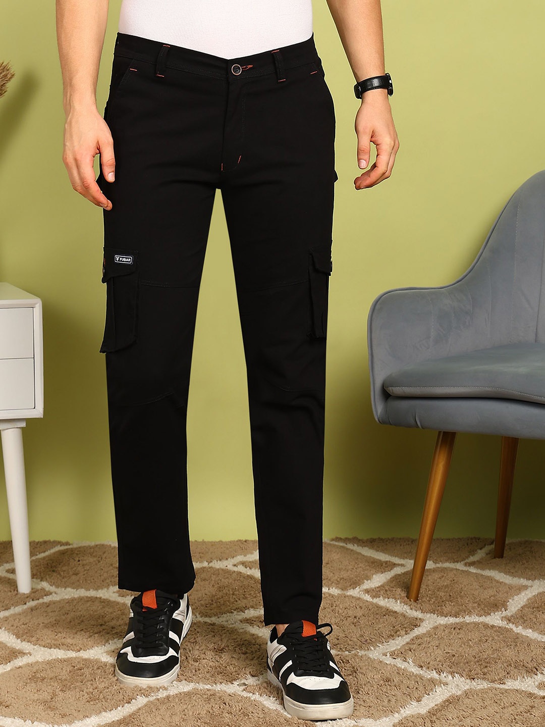 

FUBAR Men Cotton Slim Fit Cargo Trousers, Black