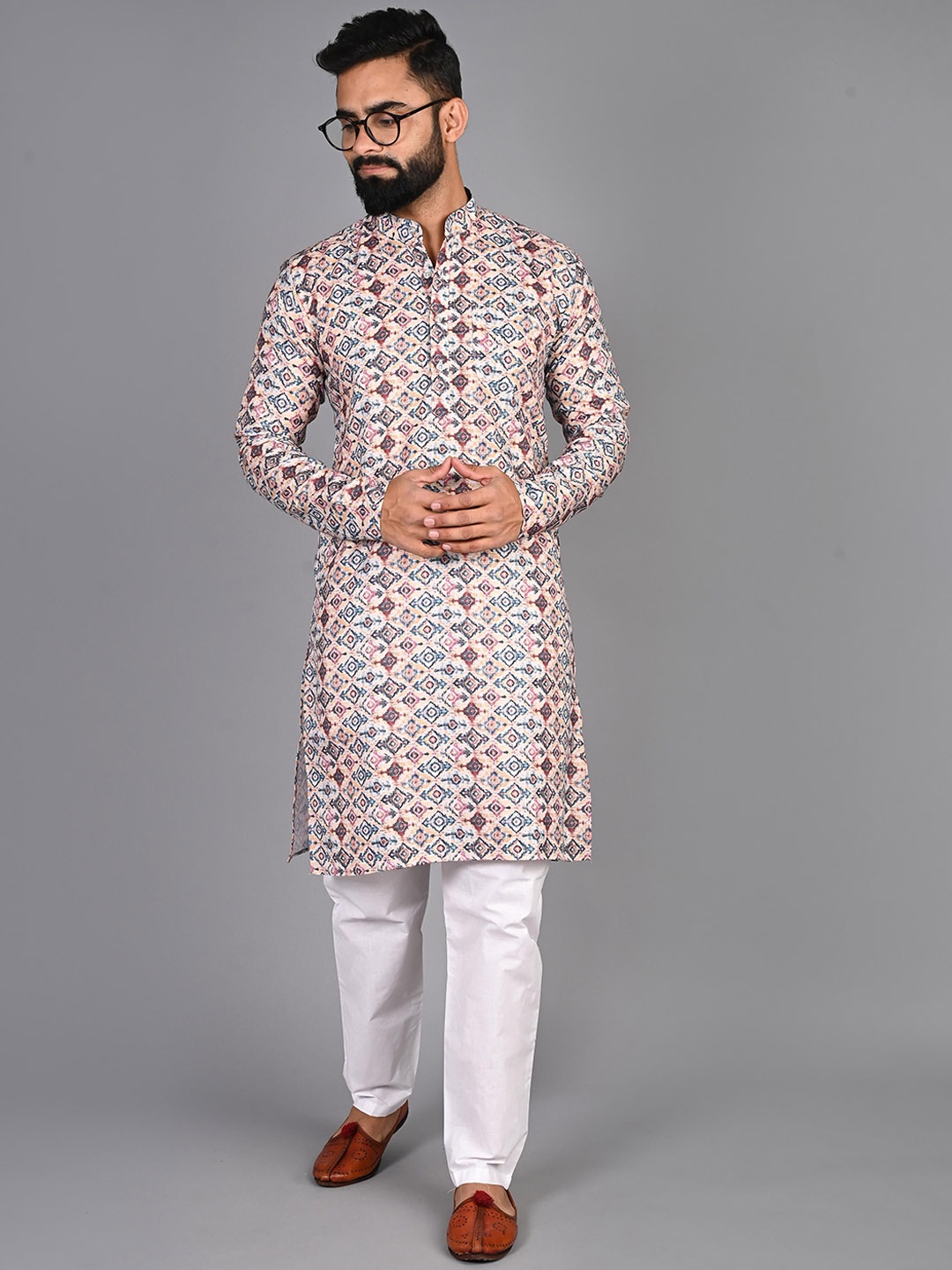 FUBAR Selection Of 2 Printed Mandarin Collar Knitted Weave Pure Cotton Straight Kurtas, Yellow