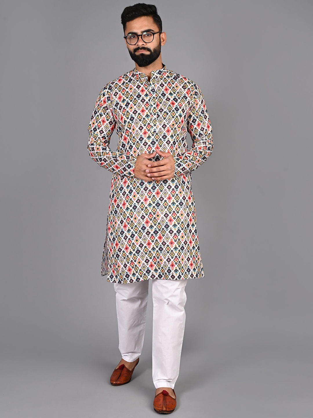 

FUBAR Selection Of 2 Printed Mandarin Collar Knitted Weave Pure Cotton Straight Kurtas, Yellow