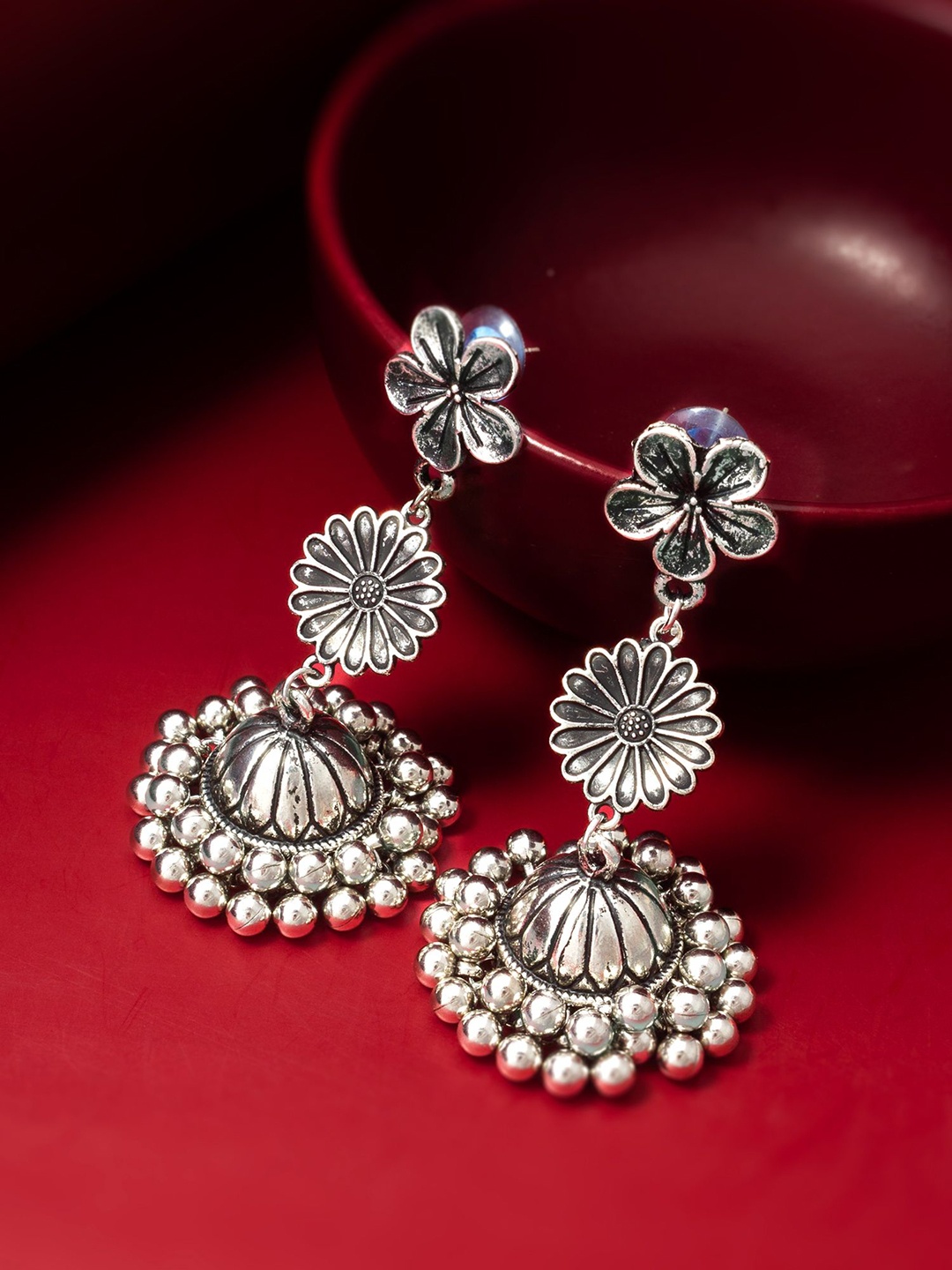 aadita Silver-Plated Floral Oxidised Jhumkas