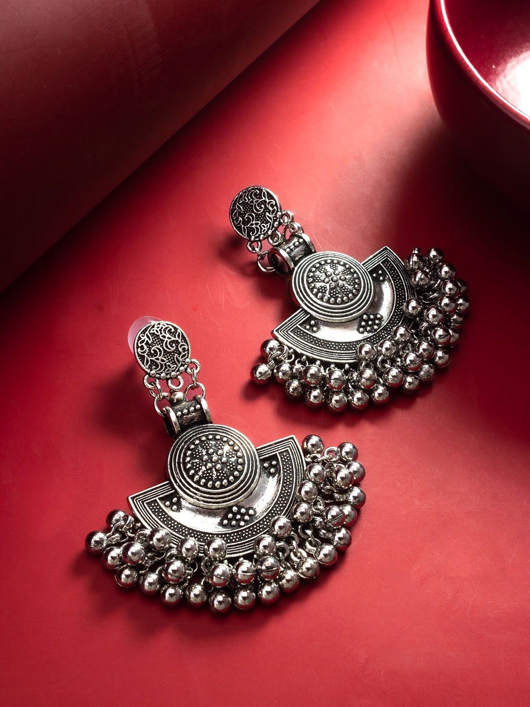 aadita Silver-Plated Floral Oxidised Drop Earrings