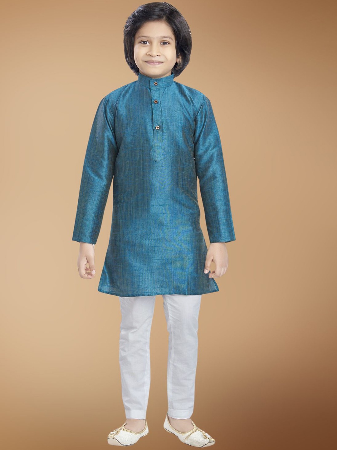 

SHIWAM ETHNIX Boys Band Collar Long Sleeves Cotton Silk Straight Kurta, Green