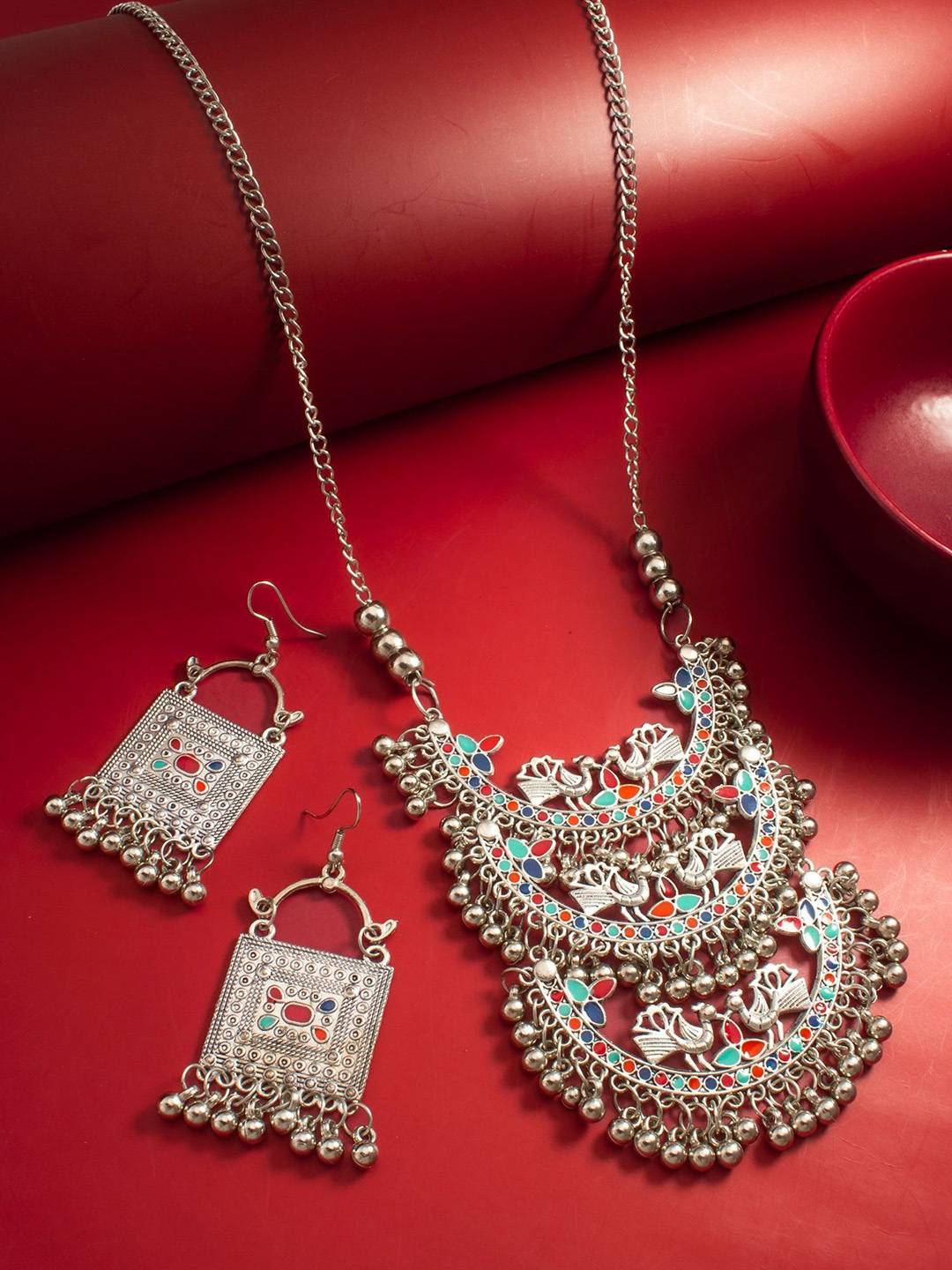 

aadita Silver Plated Temple Enamelled Necklace and Earrings