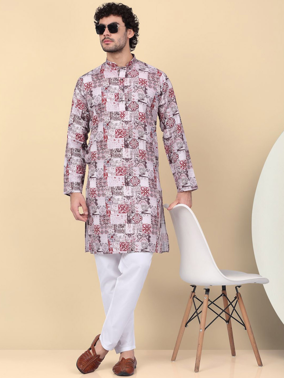 

KRAFT INDIA Ethnic Motifs Printed Mandarin Collar Cotton Straight Kurta, Maroon