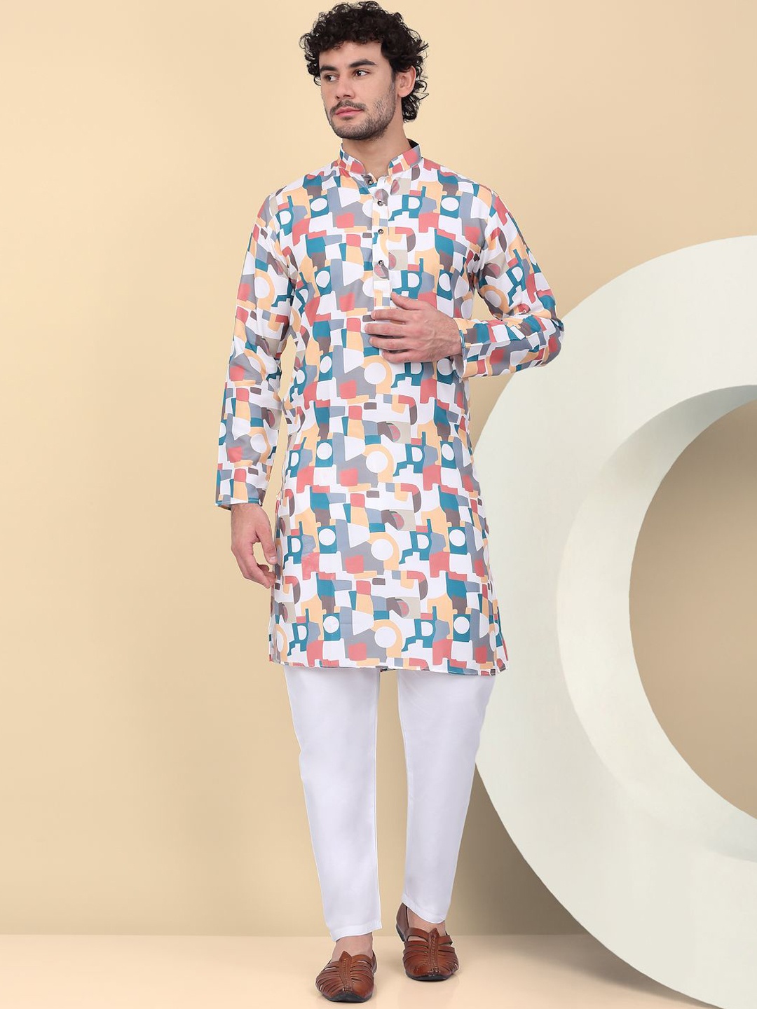 

KRAFT INDIA Abstract Printed Mandarin Collar Cotton Straight Kurta, Peach