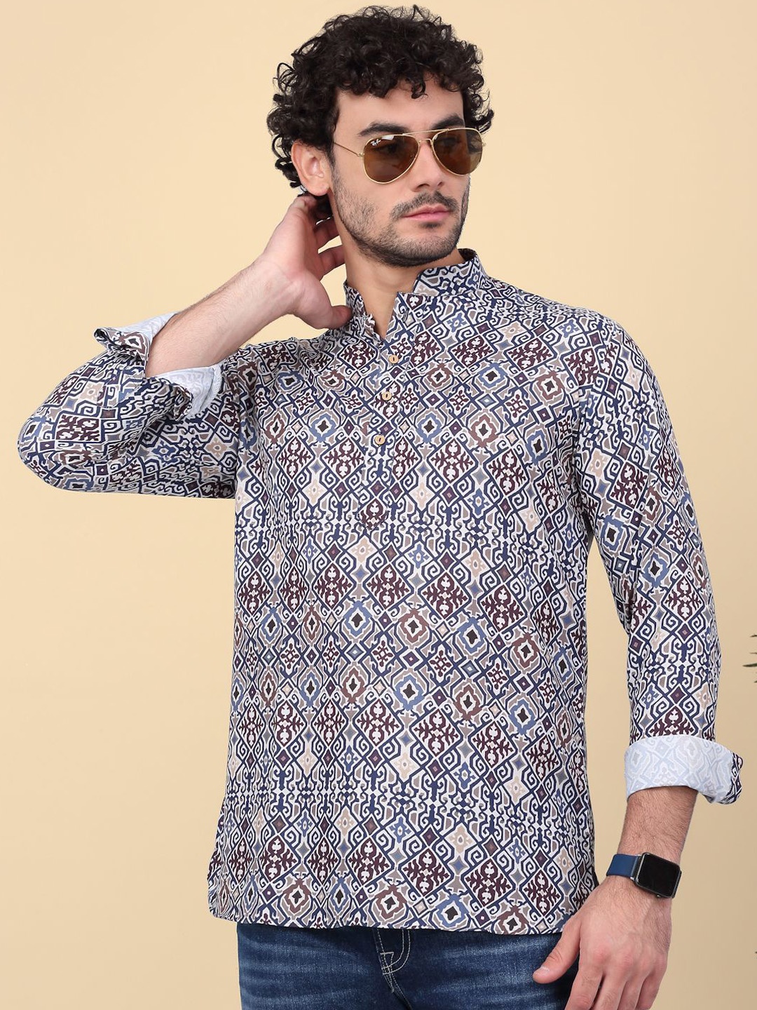 

KRAFT INDIA Ethnic Motifs Printed Mandarin Collar Regular Cotton Short Kurta, Blue