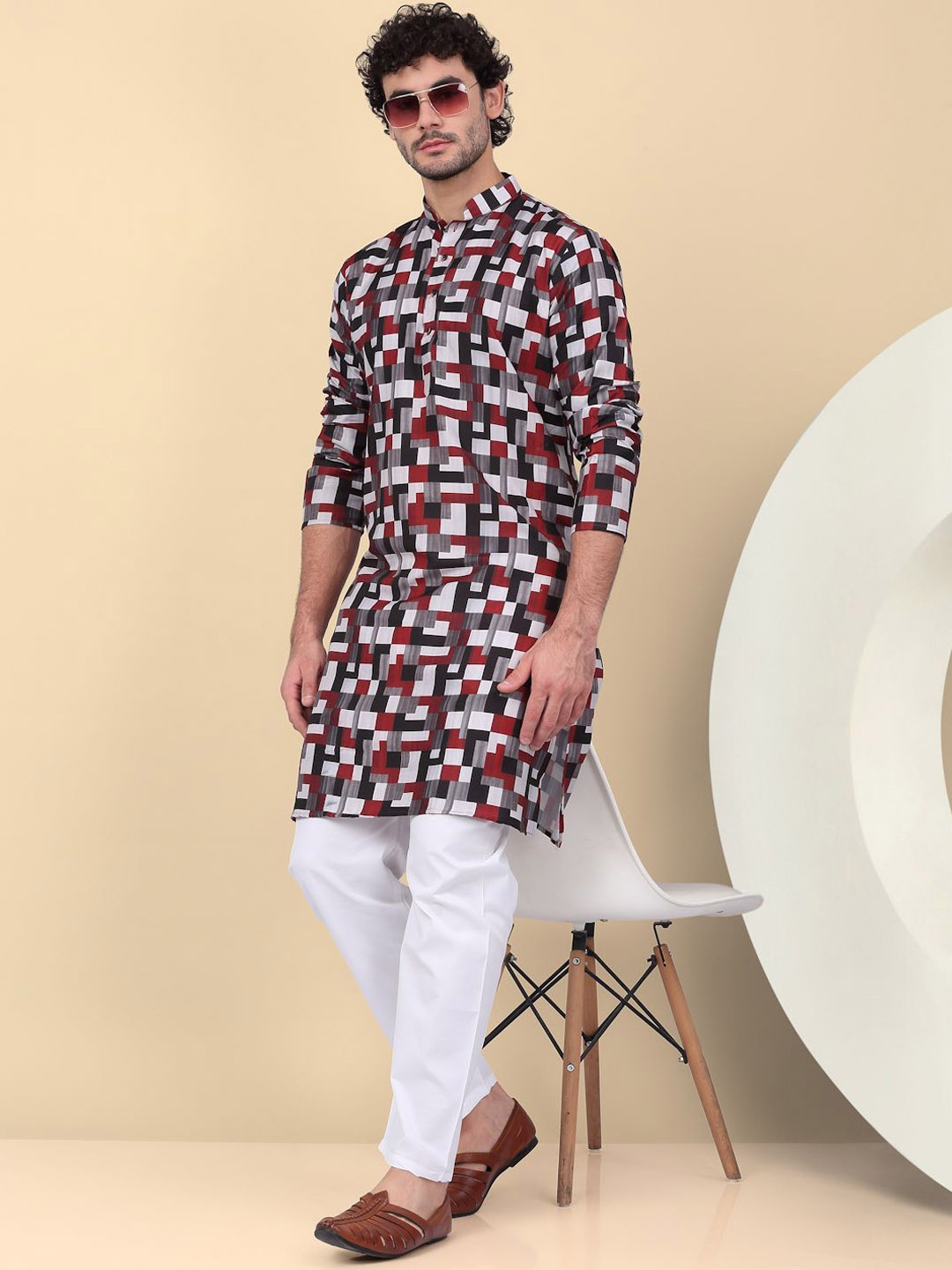 KRAFT INDIA Geometric Printed Mandarin Collar Cotton Straight Kurta, Maroon
