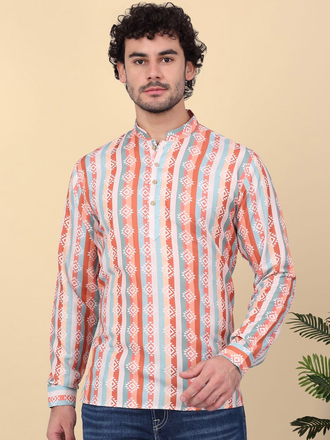 

KRAFT INDIA Geometric Printed Mandarin Collar Regular Cotton Short Kurta, Orange