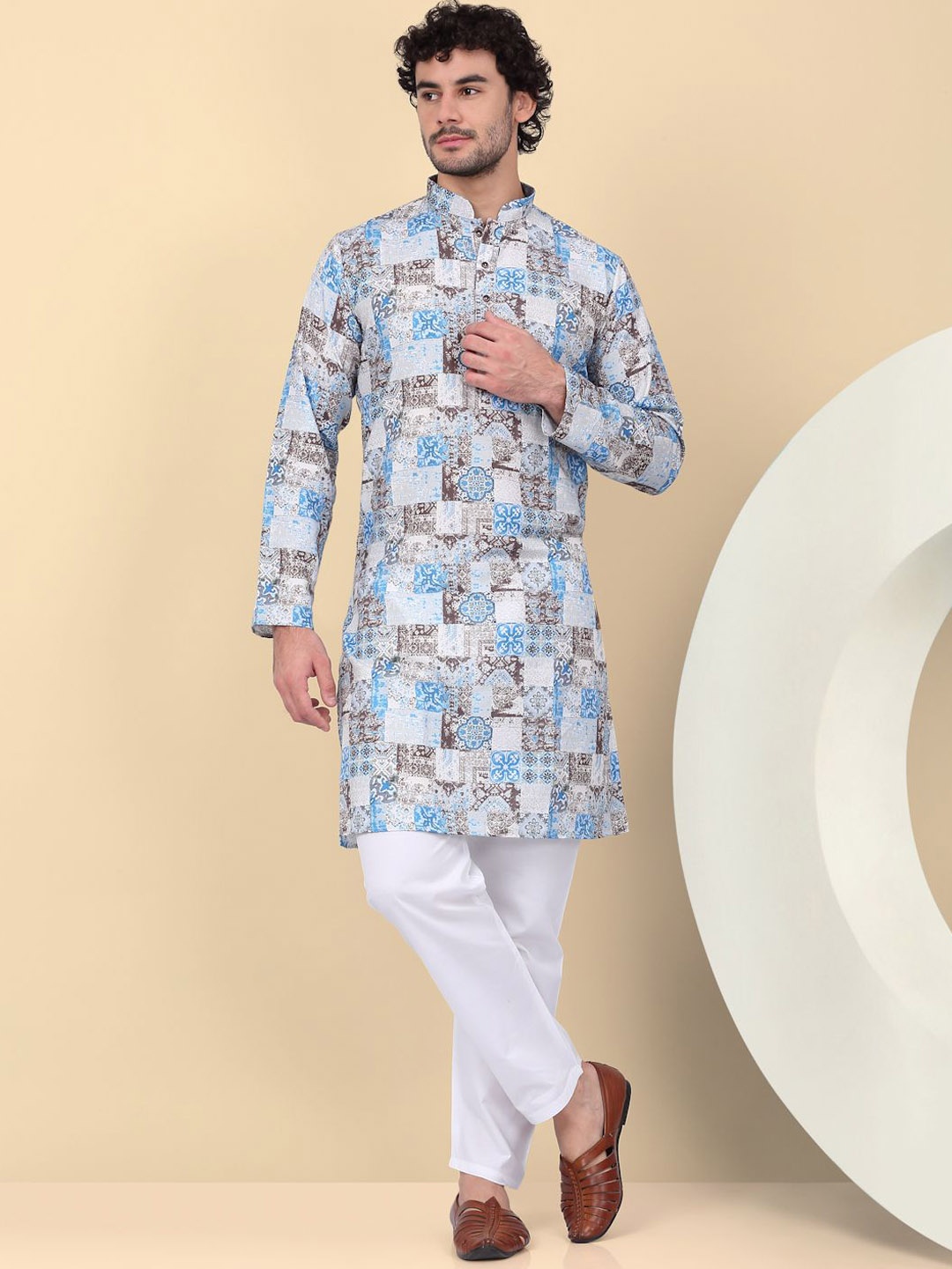 

KRAFT INDIA Ethnic Motifs Printed Mandarin Collar Cotton Straight Kurta, Blue