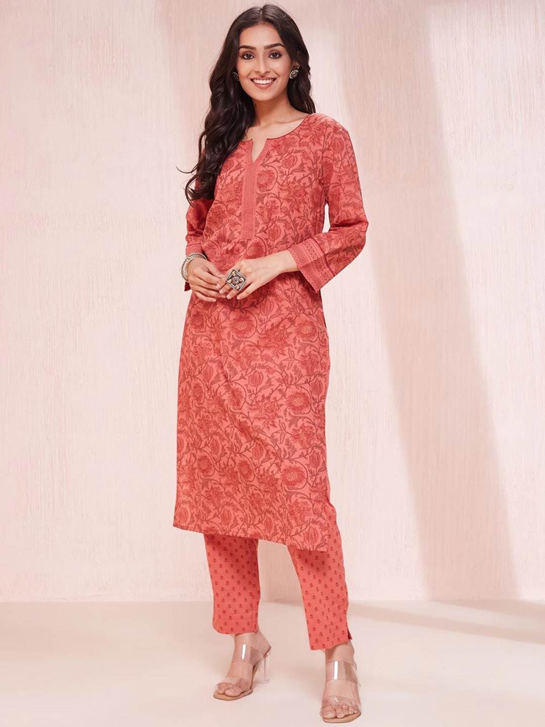 

Fabindia Floral Printed Pure Cotton Straight Kurta with Trousers, Orange