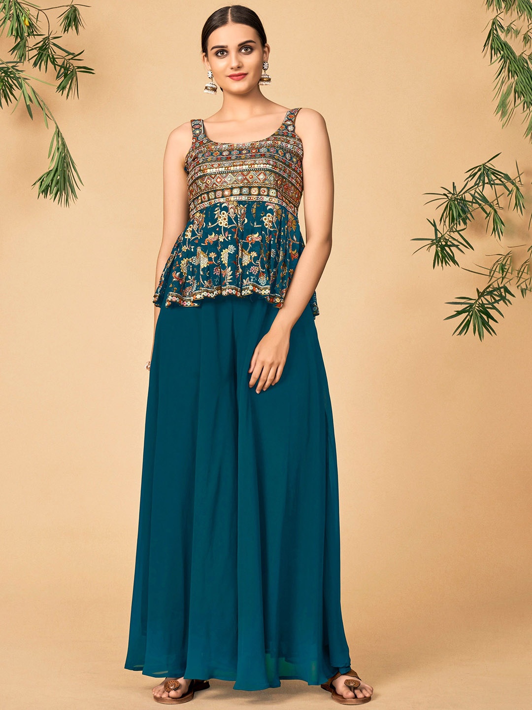 

Fusionic Embroidered Top With Palazzo & Dupatta, Green