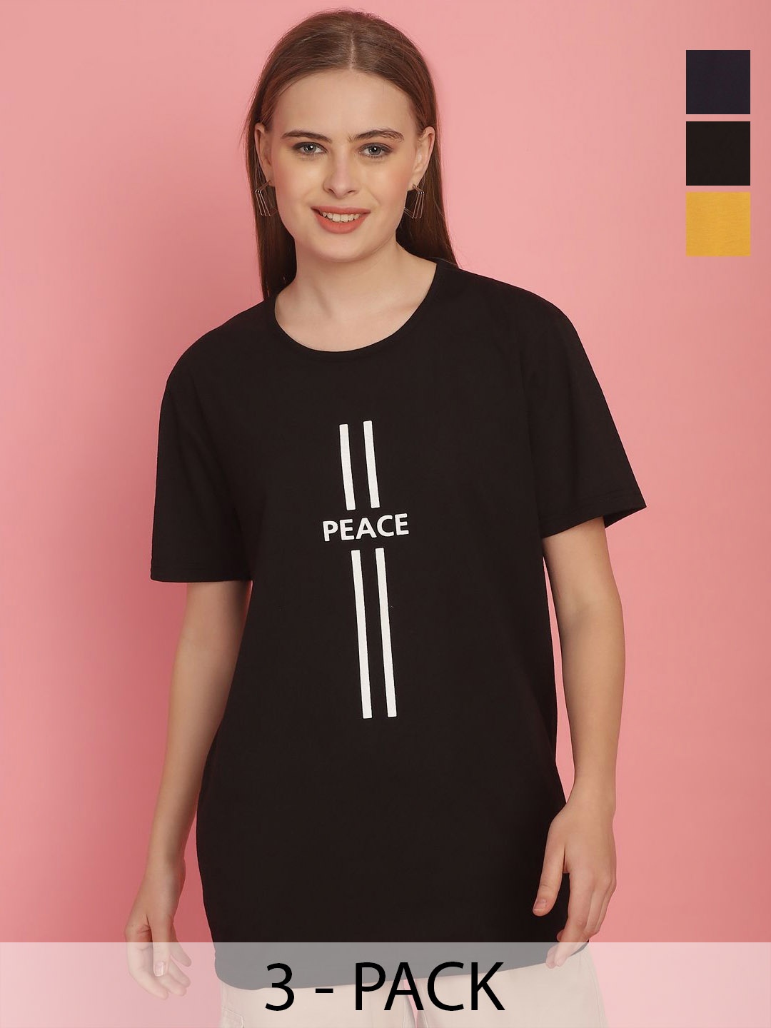 

MACK JONNEY Women Cotton Typography Pack of 3 Printed Applique T-shirt, Mustard