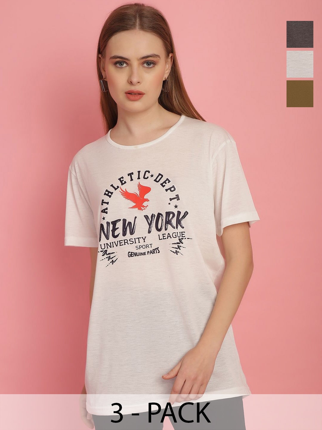 

VIMAL JONNEY Women Typography Pack of 3 Printed Applique T-shirt, White