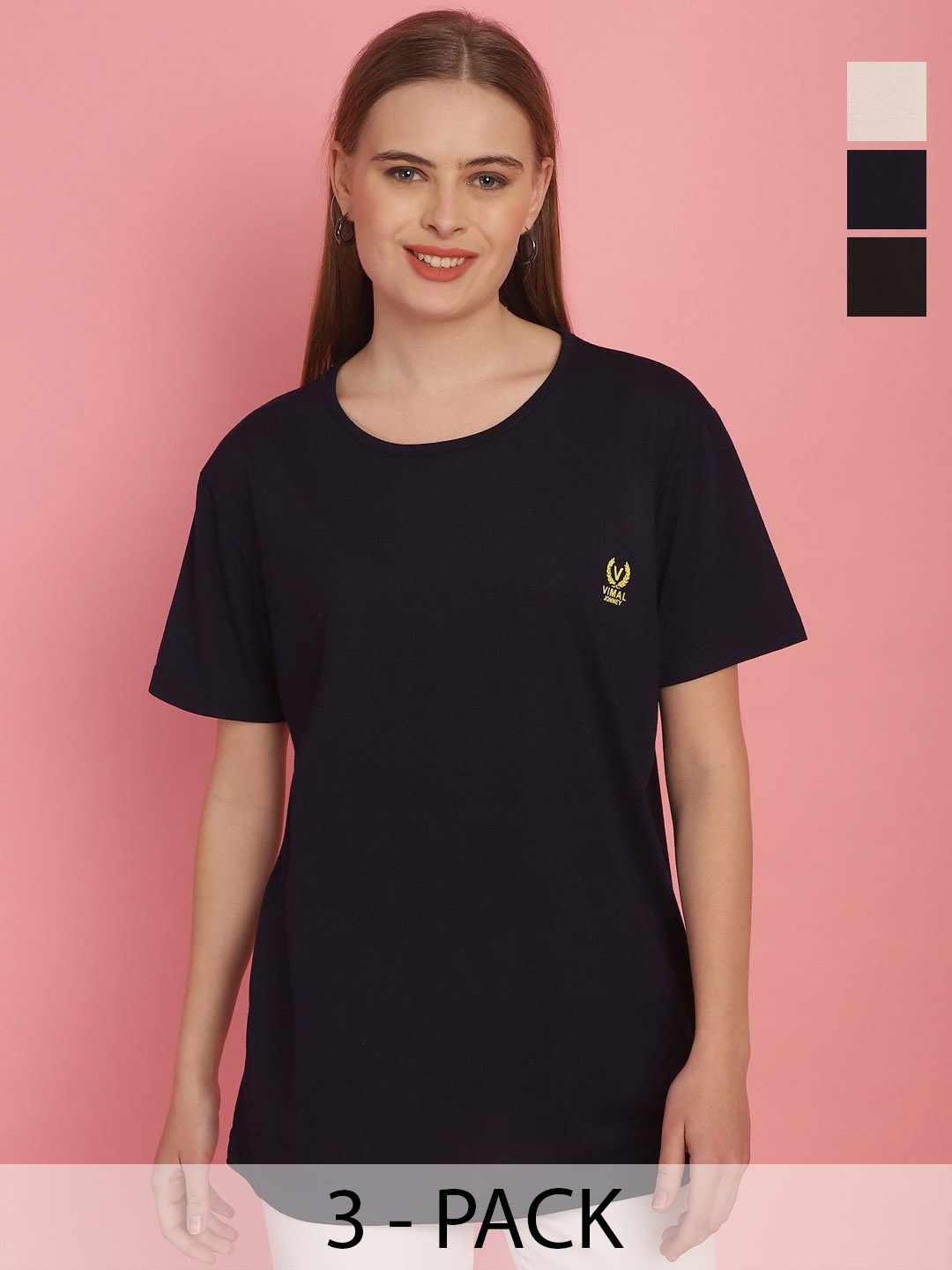 

MACK JONNEY Women Solid Cotton Pack of 3 Applique T-shirt, Black