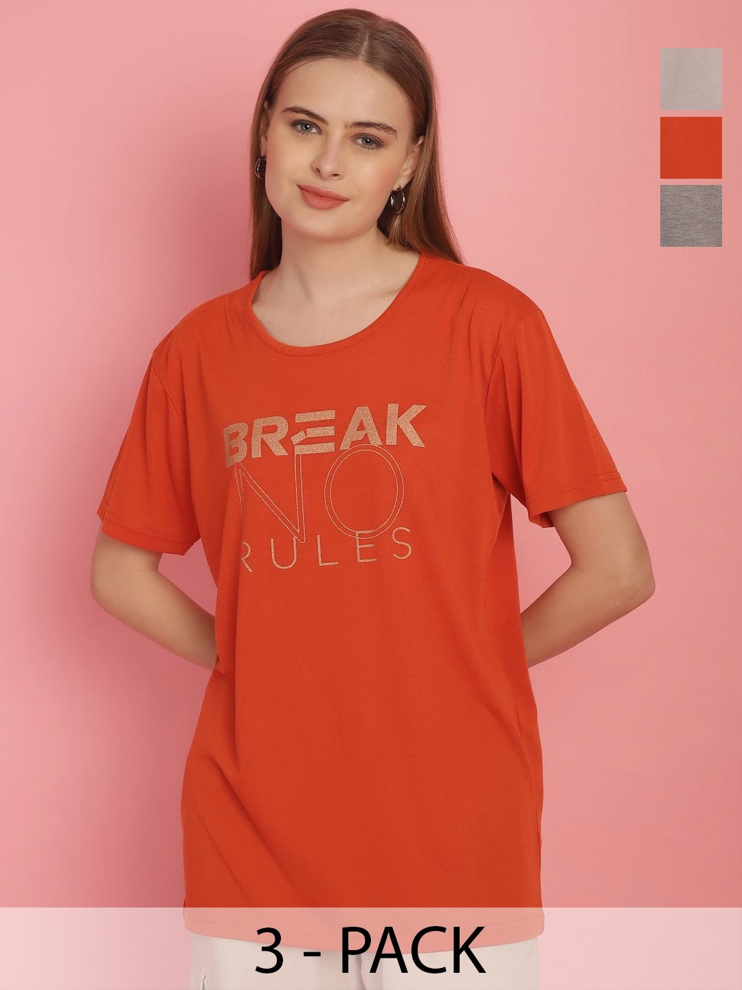 

MACK JONNEY Women Typography 3 Printed Applique T-shirt, Orange