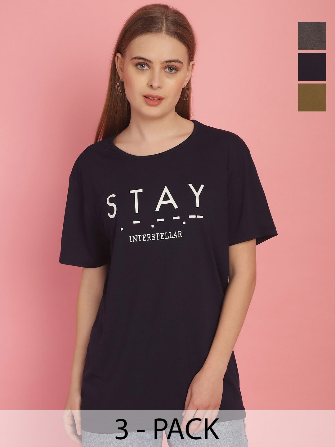 

VIMAL JONNEY Women Cotton Typography Pack of 3 Printed Applique T-shirt, Black