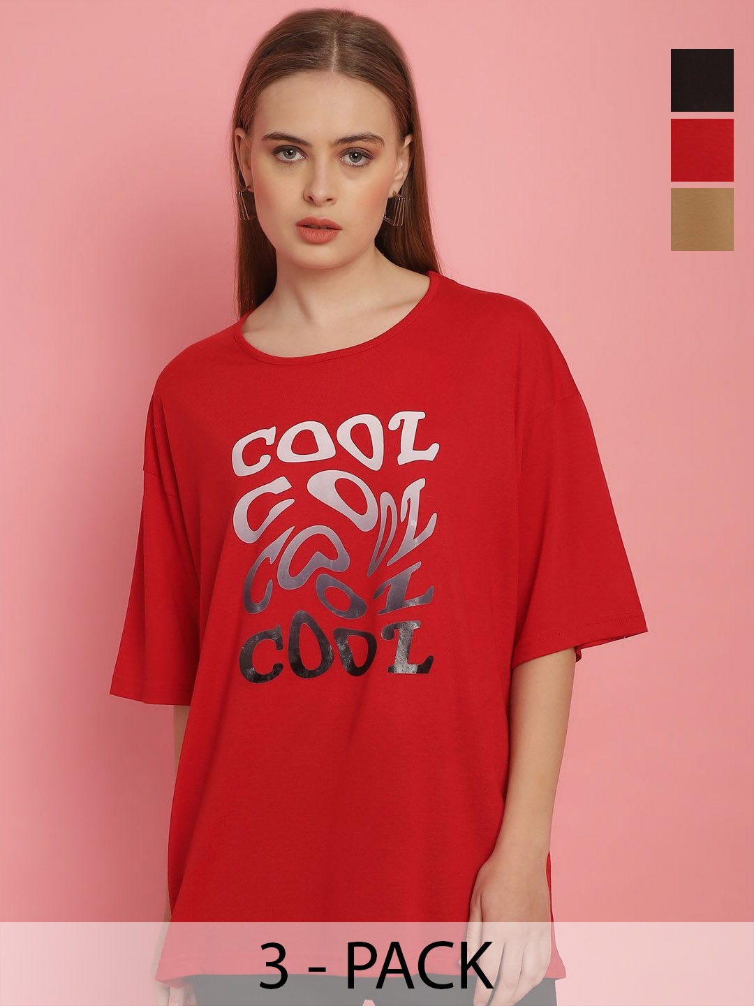 

MACK JONNEY Women Cotton Typography Printed T-shirt Pack of 3, Red