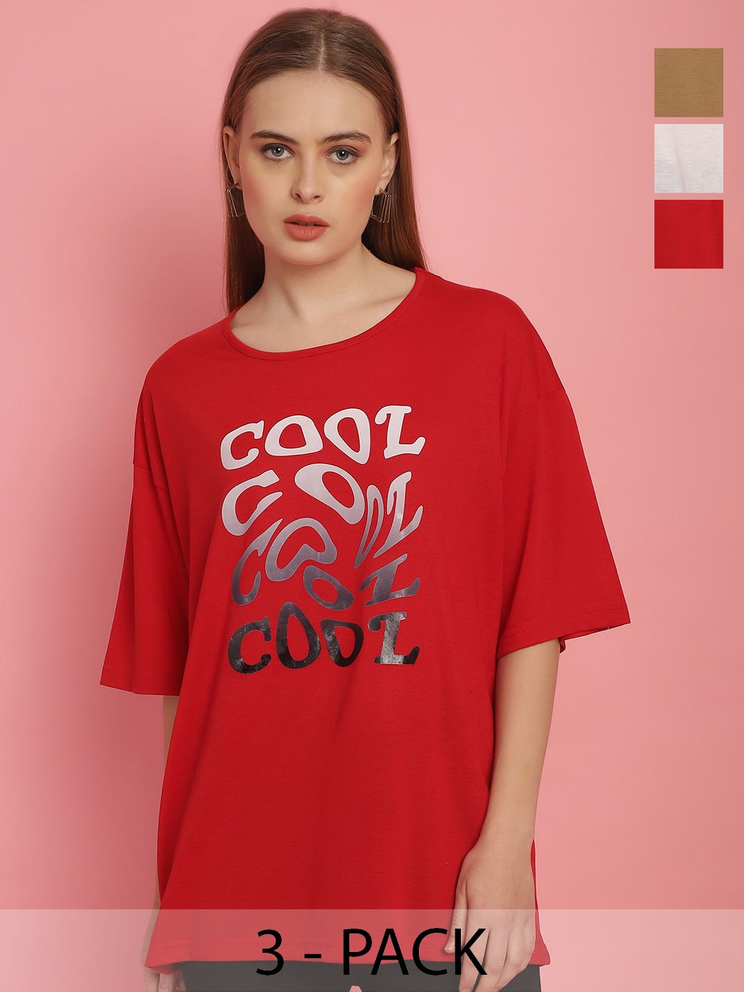 

MACK JONNEY Women Typography 3 Printed Drop-Shoulder Sleeves T-shirt, Red