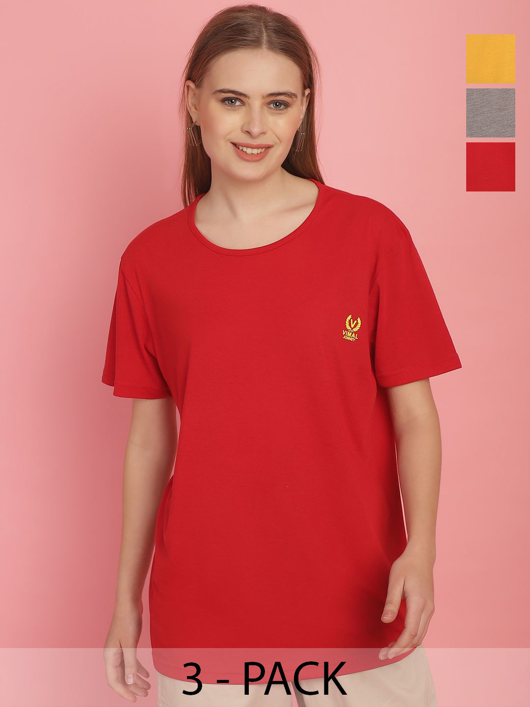 

MACK JONNEY Women Solid Cotton Applique T-shirt Pack of 3, Red